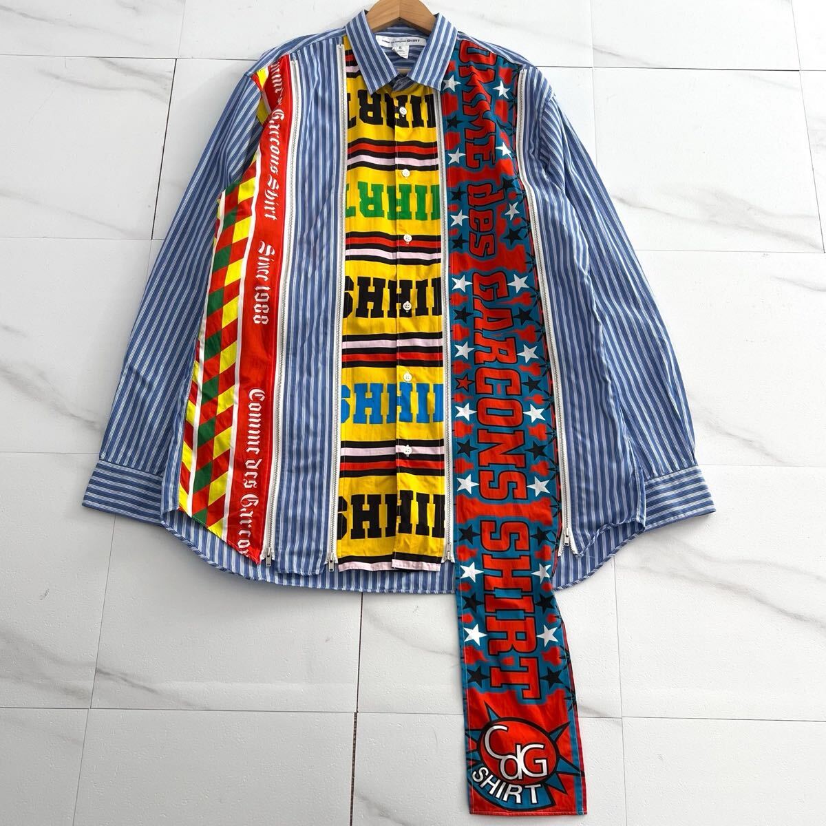 極美品 25AW◆COMME des GARCONS SHIRT 長袖シャツ アシンメトリー 変形 ジップ ファスナー ロゴ XL 青系 メンズ コムデギャルソンシャツ