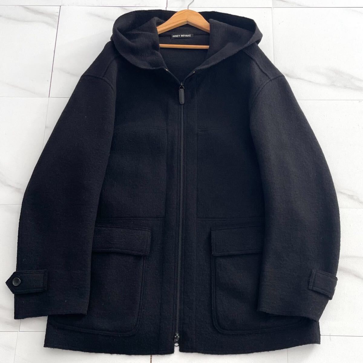 極美品 04AW◆ISSEY MIYAKE MEN フーデッドコート ジャケット ダブルジップ ウール ブラック XL相当 ビッグシルエット イッセイミヤケメン