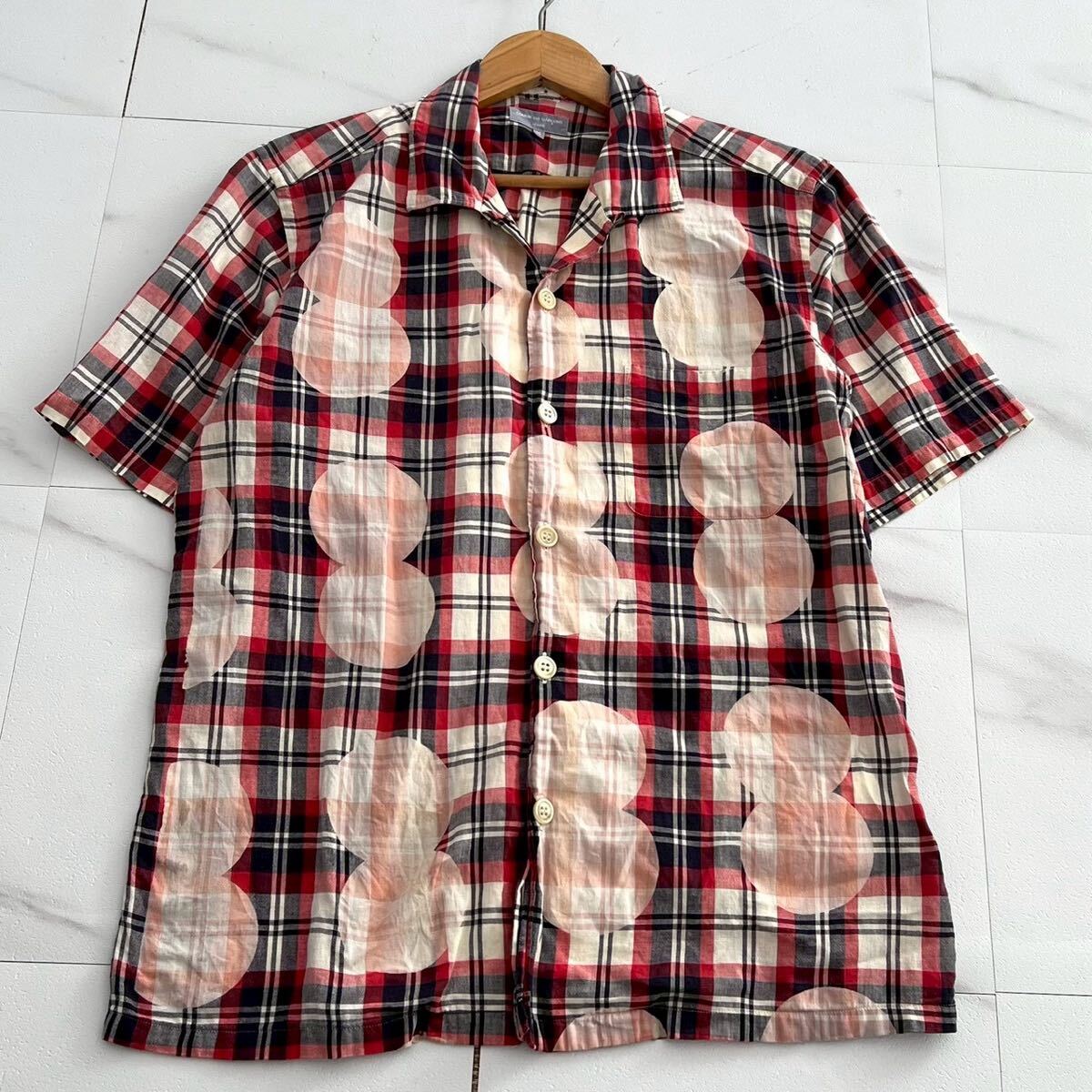 田中オム◆COMME des GARCONS HOMME オープンカラーシャツ 開襟 半袖 コットン チェック レッド系 メンズ コムデギャルソンオム archive
