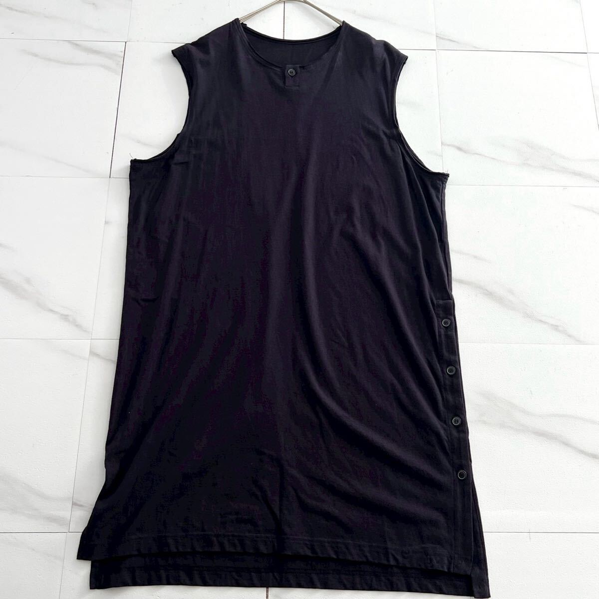 極美品 25SS◆Yohji Yamamoto POUR HOMME ノースリーブカットソー サイドスリット ロング丈 コットン 紺 3 L相当 ヨウジヤマモトプールオム