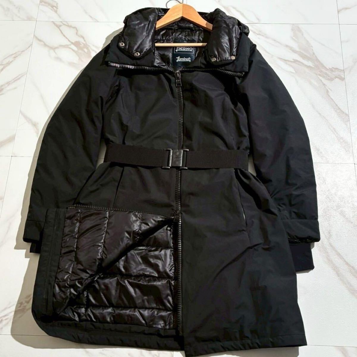 希少44◆HERNO LAMINAR ラミナー 2way ダウンコート フード着脱可 ベルト付き GORE-TEX ブラック 黒 2XL位 大きいサイズ レディース ヘルノ