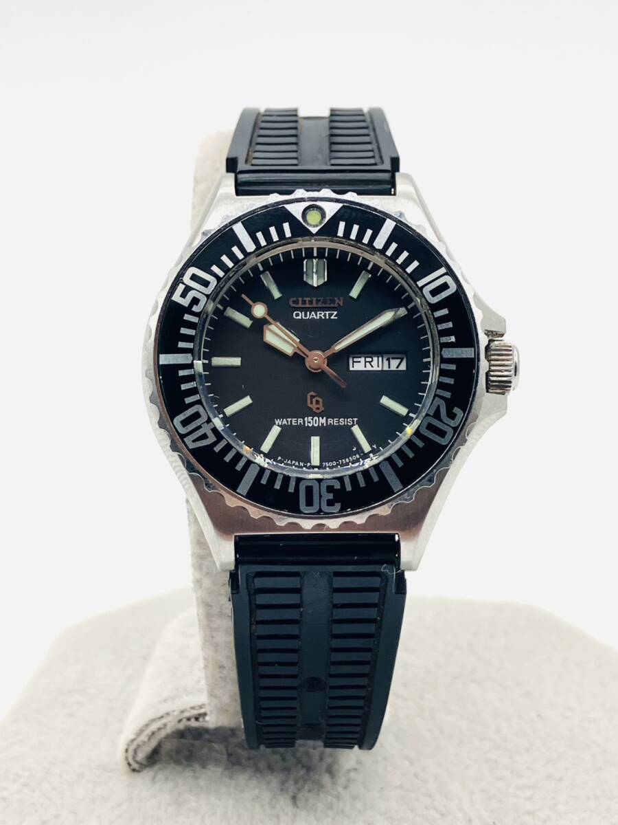 【現状品】 CITIZEN シチズン 腕時計 デイデイト 回転ベゼル ＷＡＴＥＲ 150M ＲＥＳＩＳＴ クオーツ 文字盤黒 テスターＯＫ