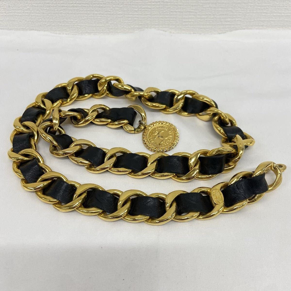 シャネル ヴィンテー チェーンベルト ココマーク レザー コインチャーム ゴールドブラック 約83cm 