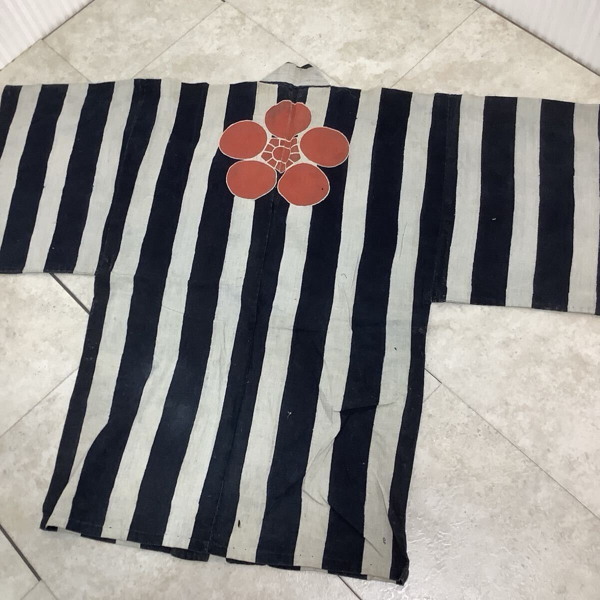 古布前掛け専門屋◆珍品◆明治時代の味のある半纏●本藍染手織り木綿◆木綿藍染刺子絣布団側型染筒描き野良着頭巾