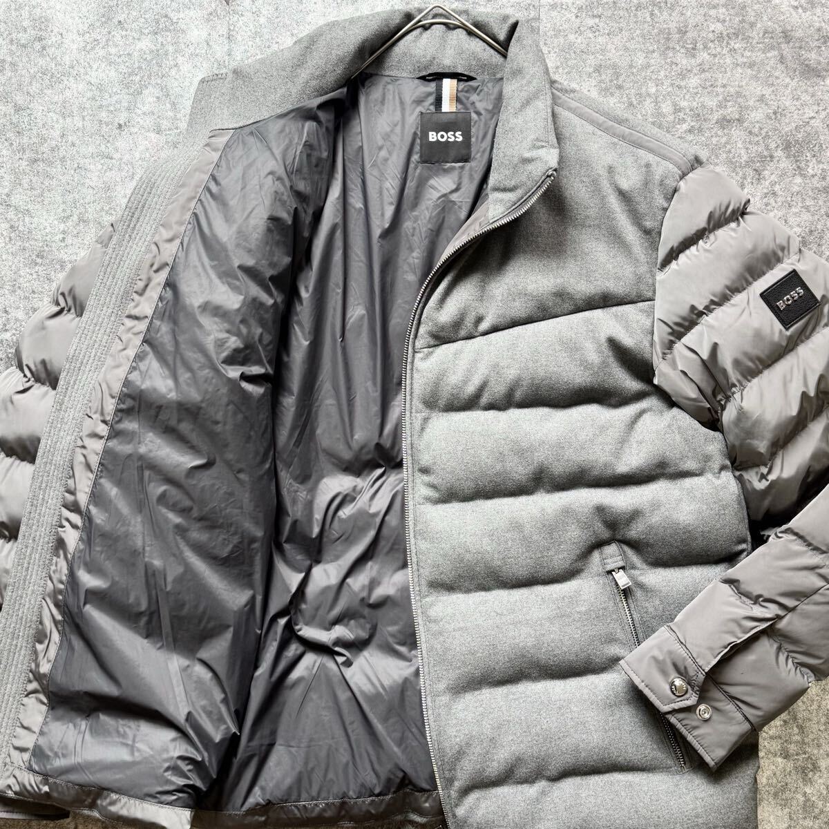 極美品/希少XXL◎ヒューゴボス HUGO BOSS ドッキングジャケット ブルゾン 異素材切替 ロゴワッペン ジップ 肉厚 極暖 グレー 近年モデル 52