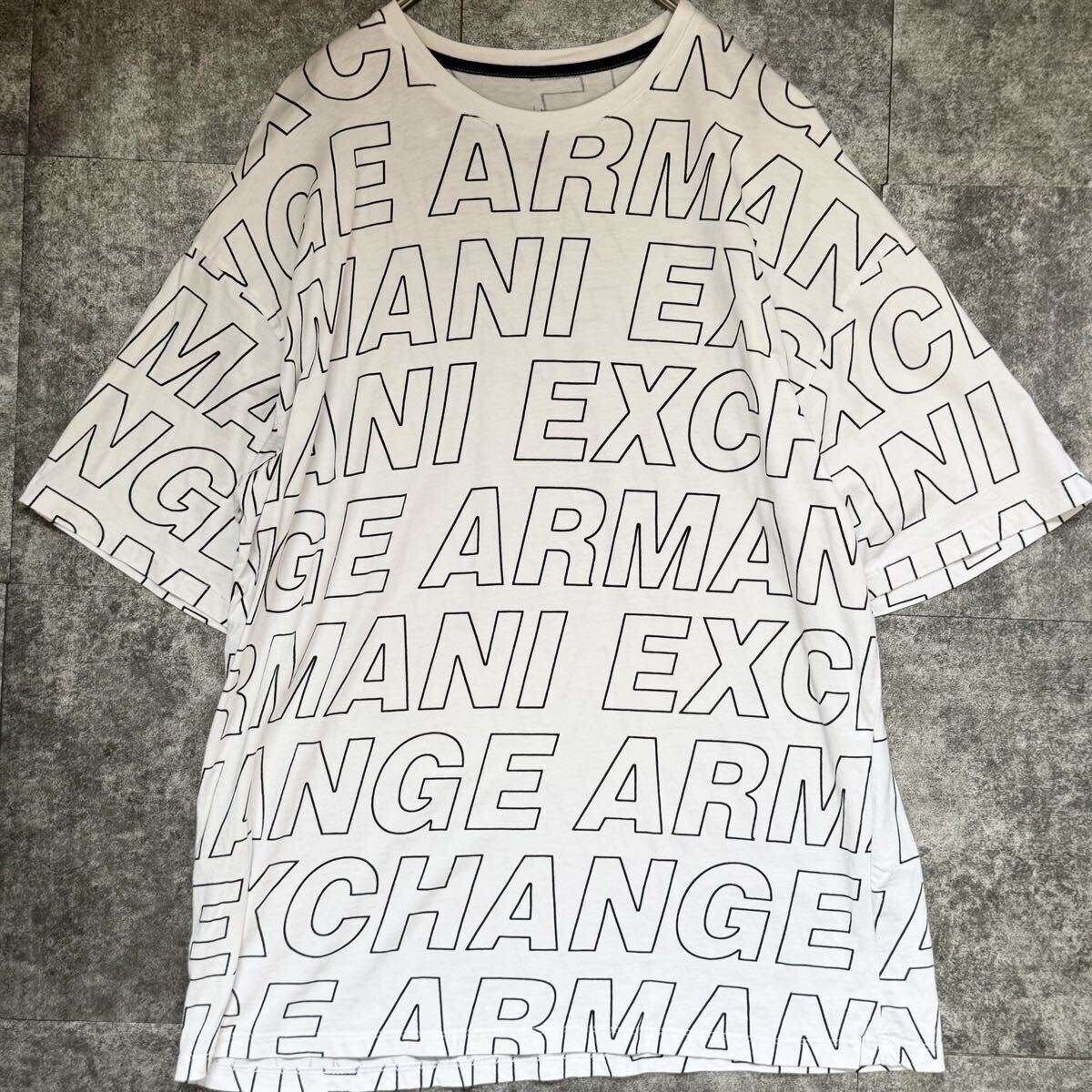 美品/希少XL相当◎アルマーニ 英字ロゴ総柄 半袖Tシャツ カットソー ARMANI EXCHANGE クルーネック オーバーサイズ ホワイト 近年 メンズ