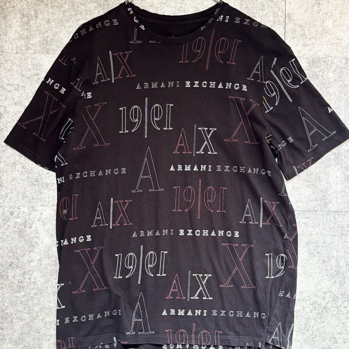 ジョルジオアルマーニジャパン 英字ロゴ総柄 半袖Tシャツ カットソー ARMANI EXCHANGE クルーネック ブラック 黒 近年モデル メンズ M