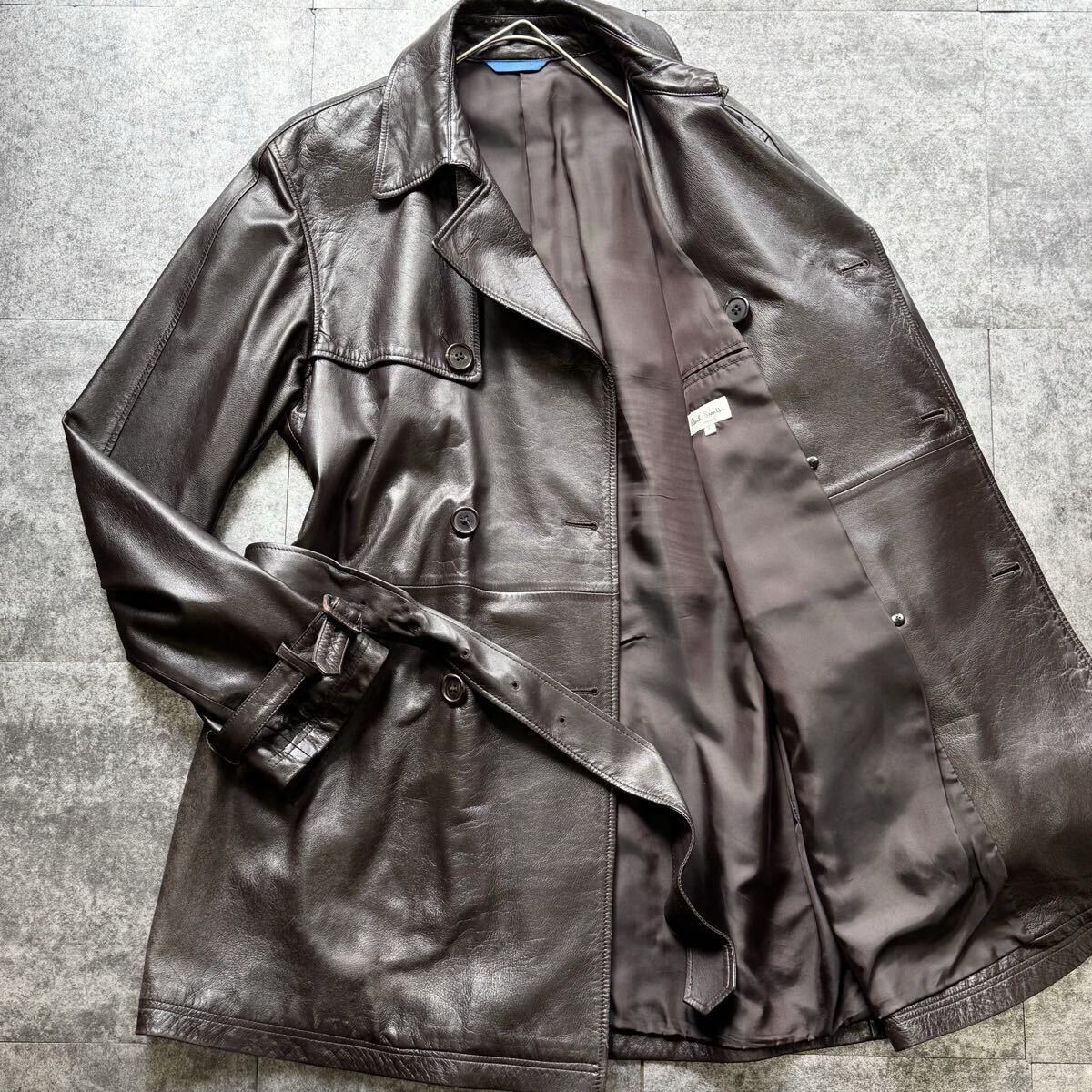 美品/希少XL◎ポールスミス ラムレザー トレンチコート Paul Smith LONDON 極上羊革 シープスキン ベルテッド ダークブラウン系 メンズ