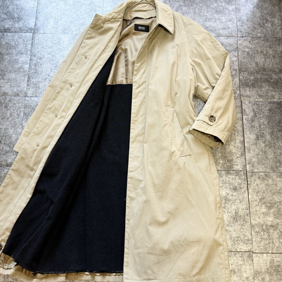 【着丈116cm】美品/希少XXL相当◎ヒューゴボス 2way ライナー付バルマカーンコート HUGO BOSS ステンカラー 比翼 ベージュ マキシ丈 メンズ