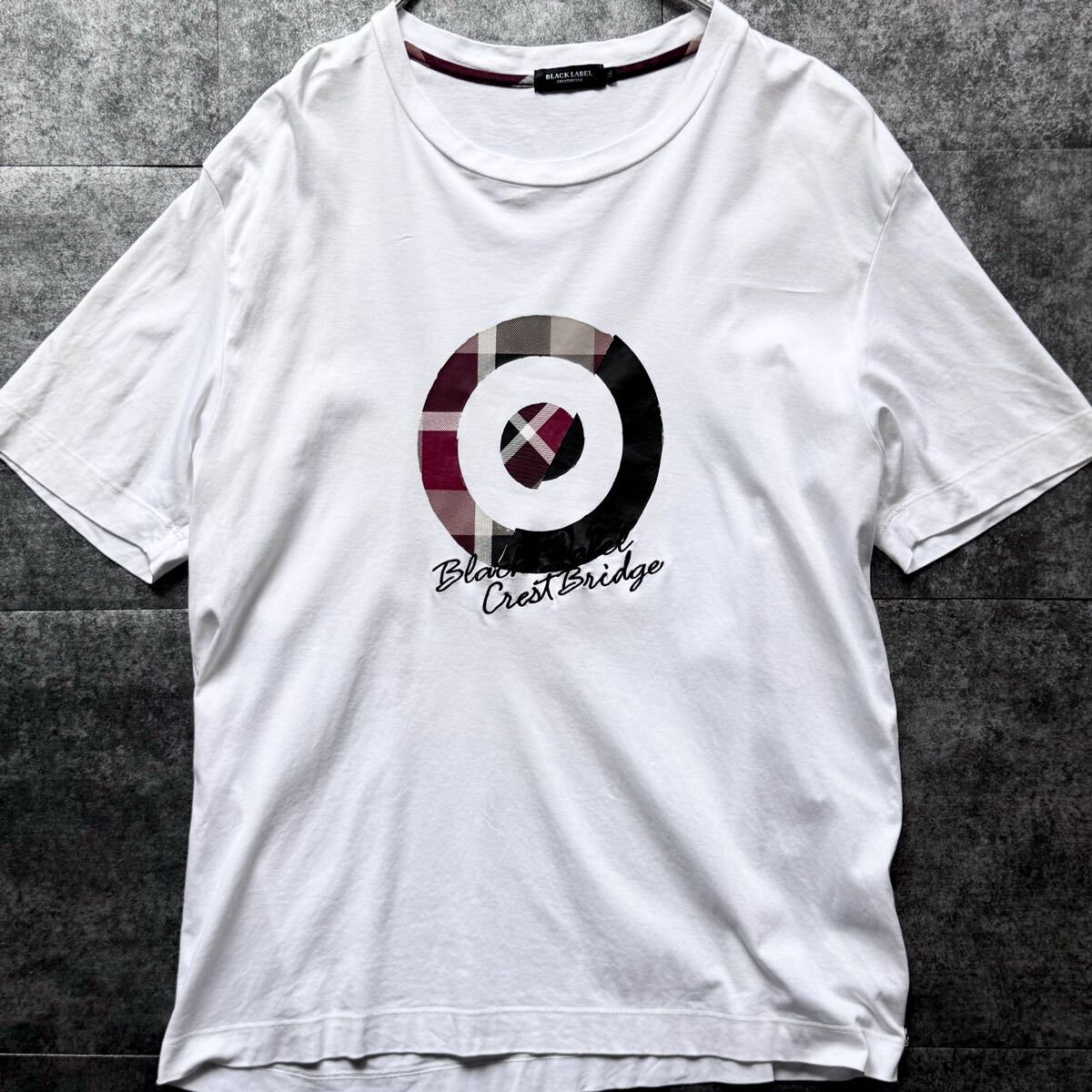 希少LL◎ブラックレーベルクレストブリッジ CBチェック ロゴ刺繍 半袖Tシャツ カットソー BLACK LABEL CRESTBRIDGE クルーネック ホワイト
