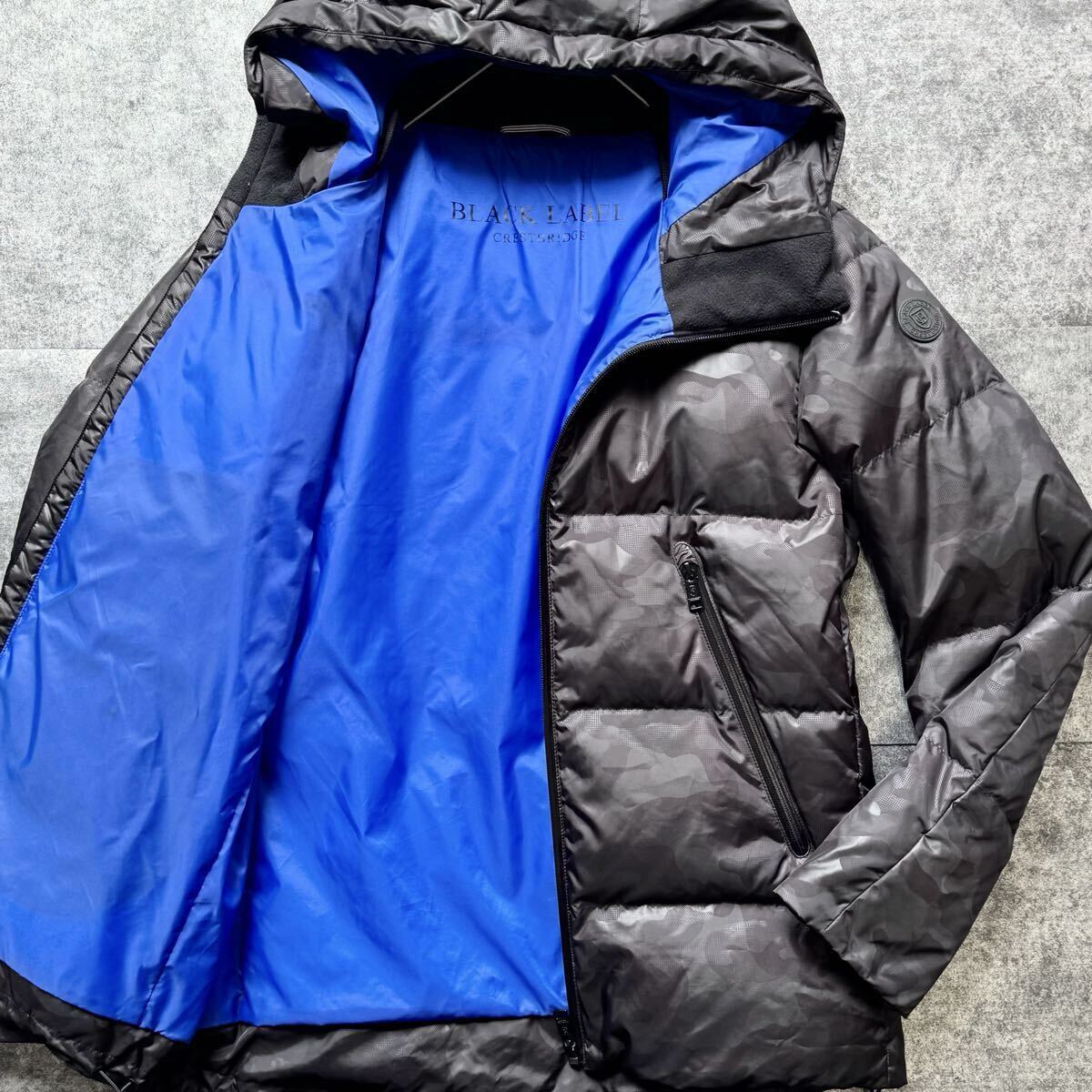 極美品/L◎ブラックレーベルクレストブリッジ 総柄 ダウンジャケット BLACK LABEL CRESTBRIDGE カモ 迷彩 フーディ 裏地ブルー ブラック 黒