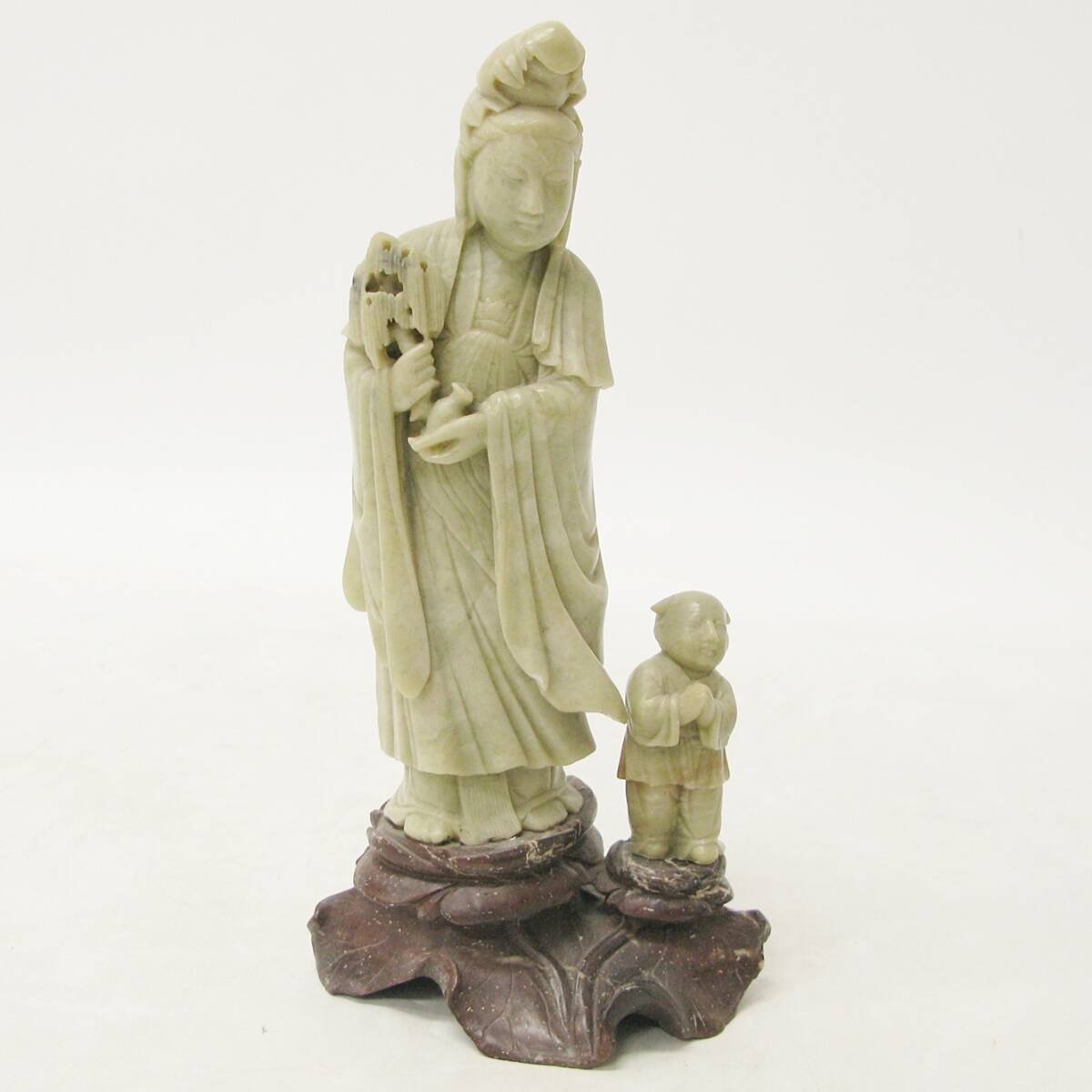 石製 観音像? 仏像 送子観音 菩薩 高さ約25.5cm オブジェ インテリア 置物 骨董品 Kキ66
