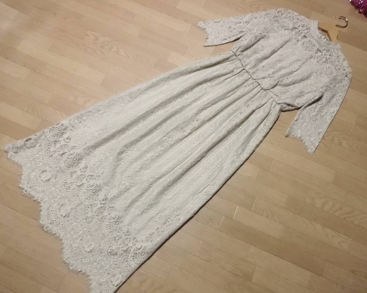 【STRAWBERRY-FIELD】ベージュ七分袖レースロングワンピースM★新品♪