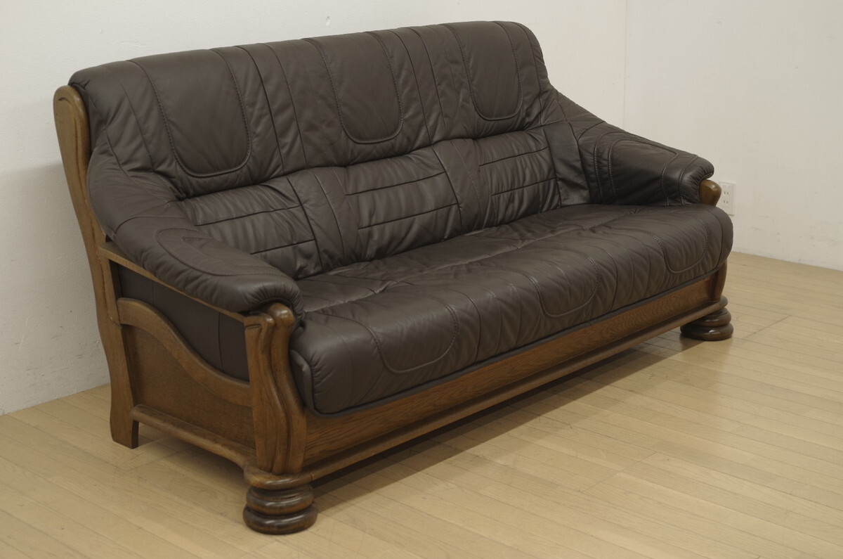 ダッチカントリー 3人掛けソファ オランダ民芸家具 トリプルソファ オーク材 本革 リビング 応接 カントリー