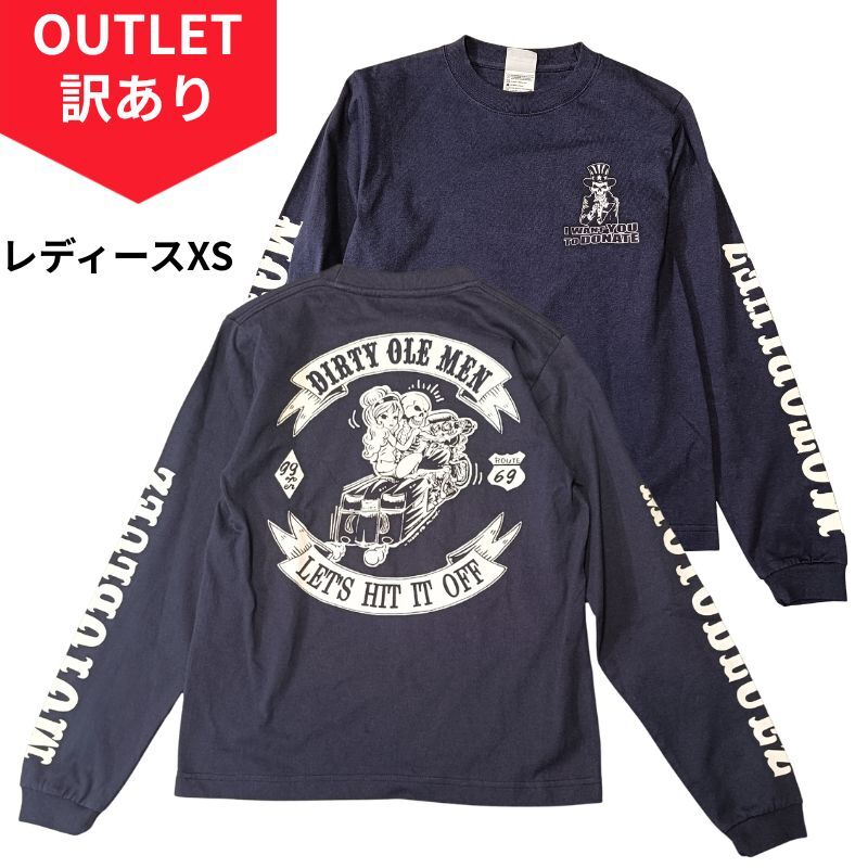 【訳あり！】モトブルーズ　MOTOBLUEZ オリジナル長袖Tシャツ　レディースＸSサイズ　「DIRTY OLE MEN」カラー：ネイビー