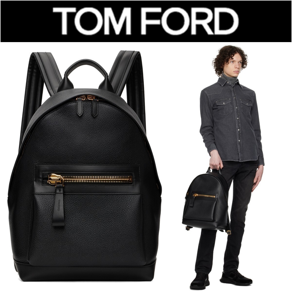 定価55万 TOM FORD トムフォード レザー バックパック ブラック 黒 バックリー ゴールドジップ ビジネス 牛革 ブリーフケース バッグ