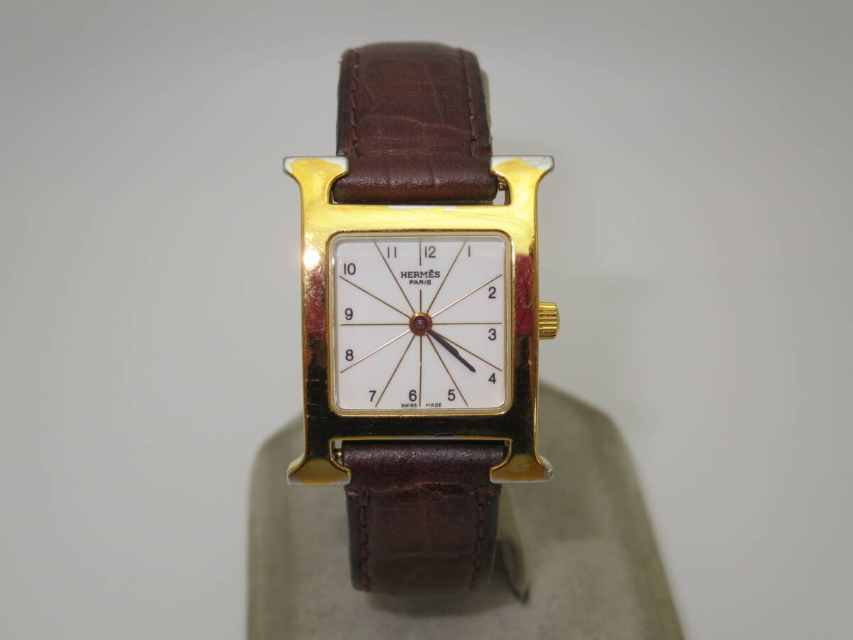 ☆ エルメス Hウォッチ HH1.201 メンズ SS(GP) QZ 白文字盤 中古B～C 社外革ベルト ☆