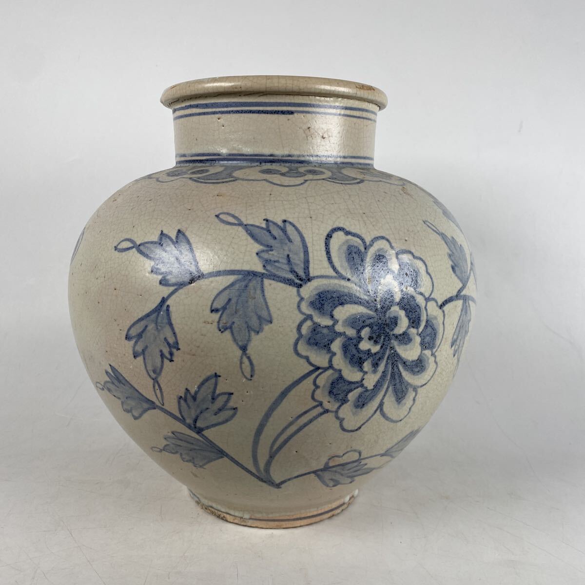朝鮮古美術 李朝 染付牡丹文花瓶 壺 壷 花器 花入 骨董品 古美術品 古陶磁 時代 唐物 高麗 韓国 中国古玩 青華 高さ28.5cm【38】