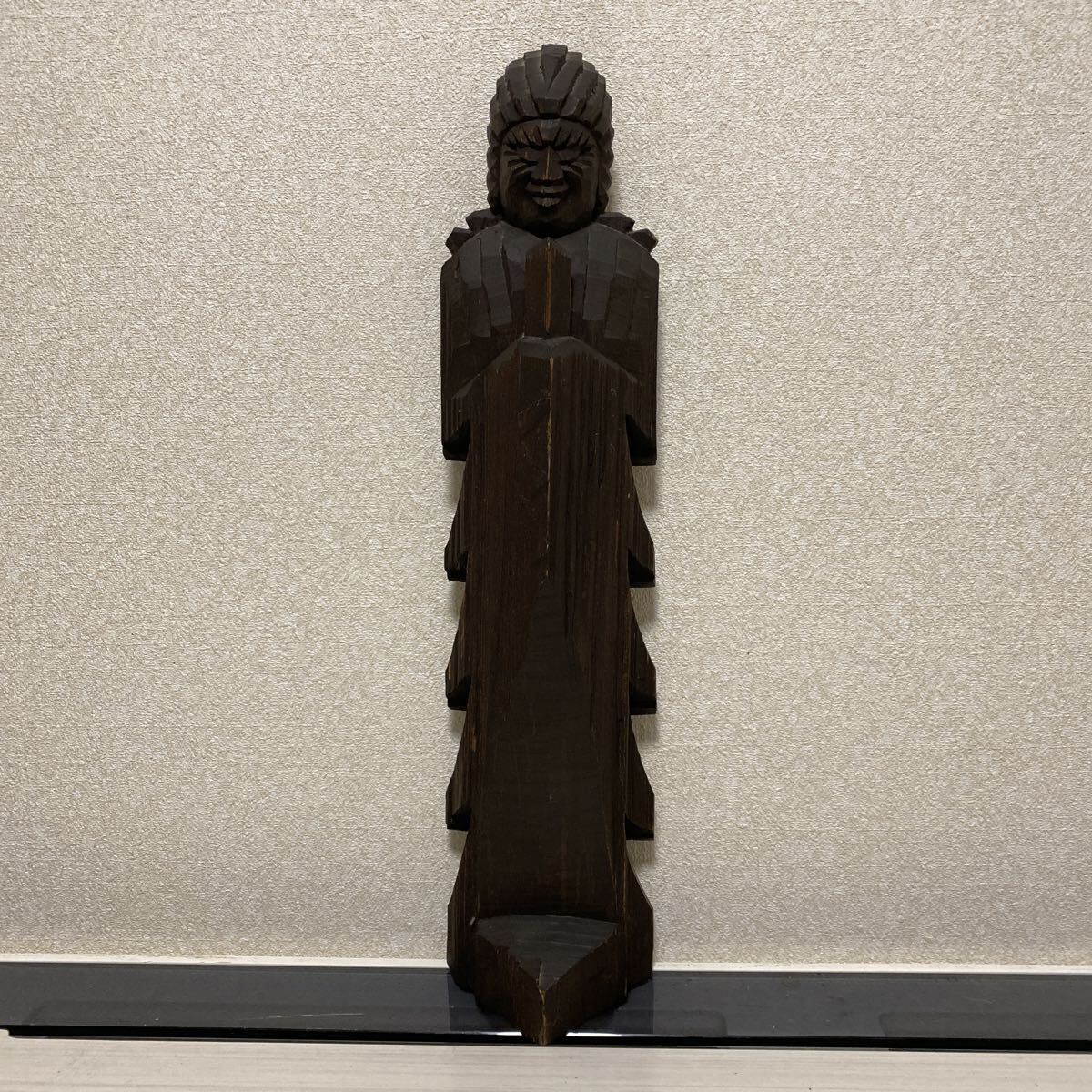 仏教美術 円空仏 木彫 仏像 置物 木製 オブジェ 骨董品 古美術品 細密彫刻 寺院 仏閣 時代物 時代 円空 高さ59.5cm【417】