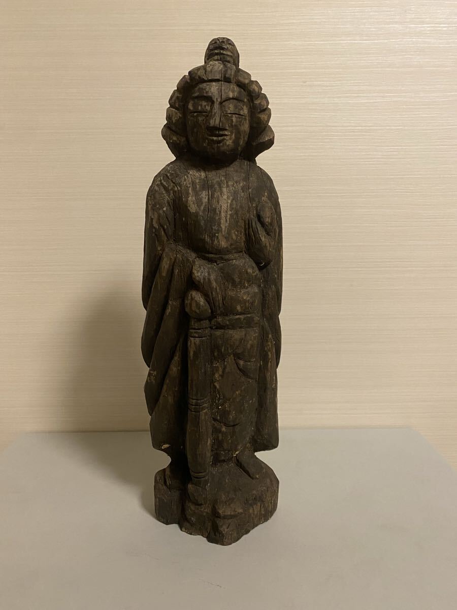仏教美術 時代 時代物 木彫 木製 円空仏 雨宝童子 民衆仏 仏像 佛像 寺院 仏閣 骨董品 古美術品 細密彫刻 希少 珍品 高さ35.5cm【410】