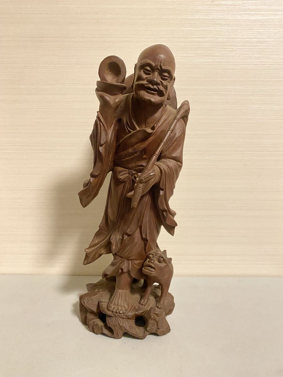 時代物 木彫 寿老人 置物 細密彫刻 縁起物 骨董品 古美術品 民藝 唐物 中国古玩 木彫り 高さ29.5cm【410】