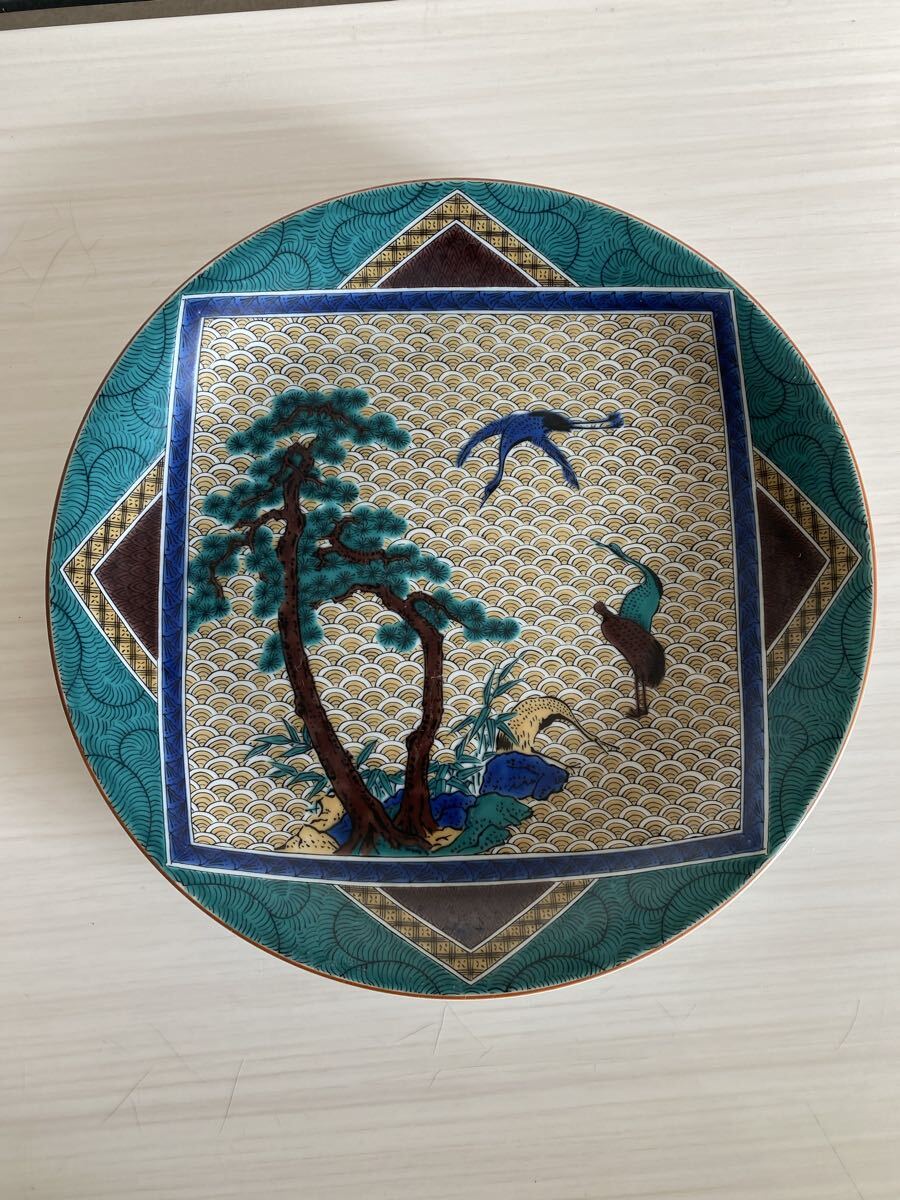旧家整理品 古九谷 九谷焼 飾皿 花鳥 皿 鉢飾 鉢皿 プレート 飾り皿 色絵 青九谷 青手 骨董品 古美術品直径27.3cm【410】