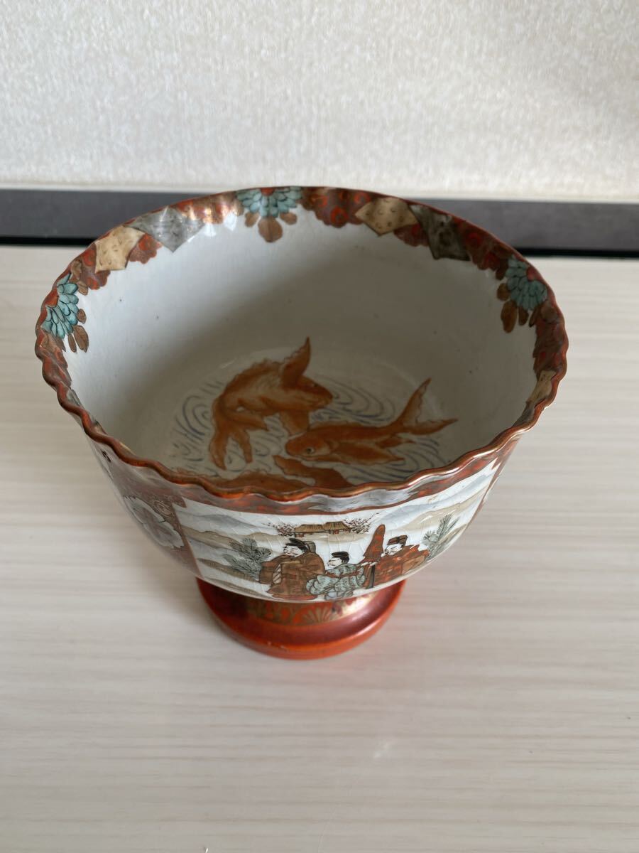 旧家整理品 九谷焼 赤絵 金彩 金魚 唐子 人物 杯洗 茶道具 煎茶 細密絵付 骨董品 古美術品 鉢 時代 横14.5cm 高さ13cm【410】