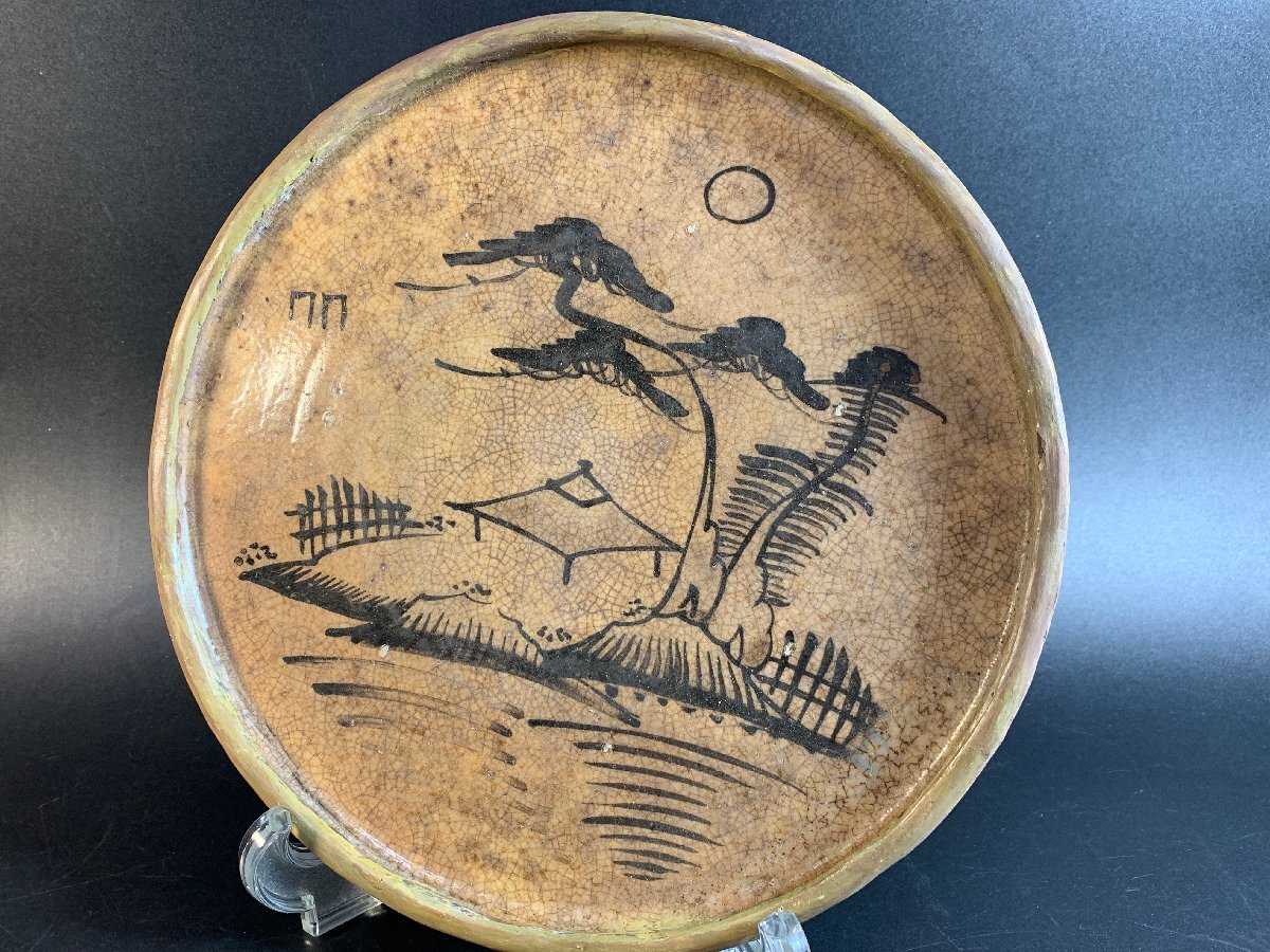 【F】江戸後期 古瀬戸 鉄絵山水図 行灯皿 直径22cm 時代物 油皿 飾皿 石皿 骨董 民藝 現状★flok/3629★ee7291