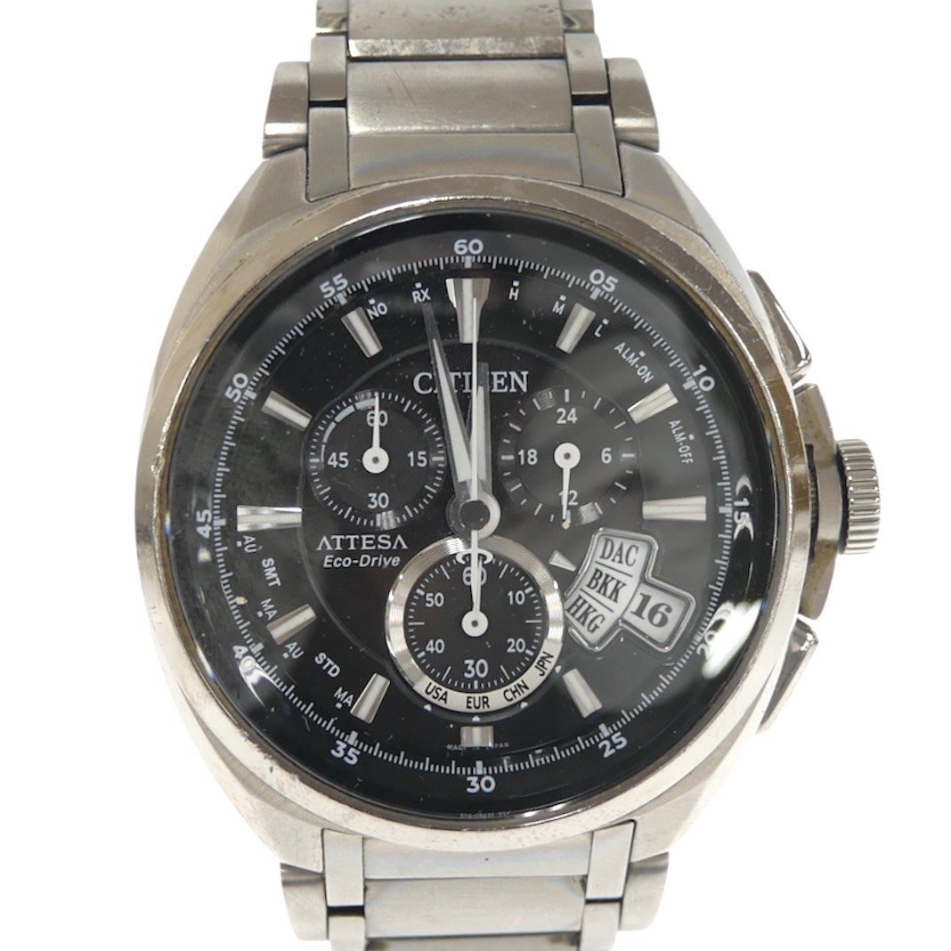 1円スタート CITIZEN シチズン ATTESA アテッサ エコドライブ H610-T015581 電波ソーラー デイト 黒文字盤 メンズ 腕時計 動作未確認