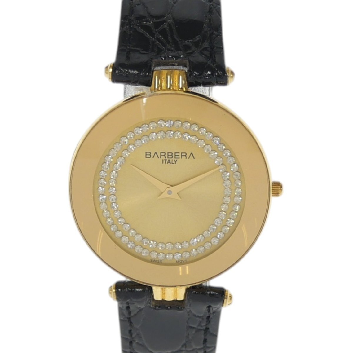 1円スタート 稼働品 BARBERA バーベラ メンズ 腕時計 クォーツ QZ 石付 ラウンドフェイス 2針 ゴールドカラー ゴールド文字盤