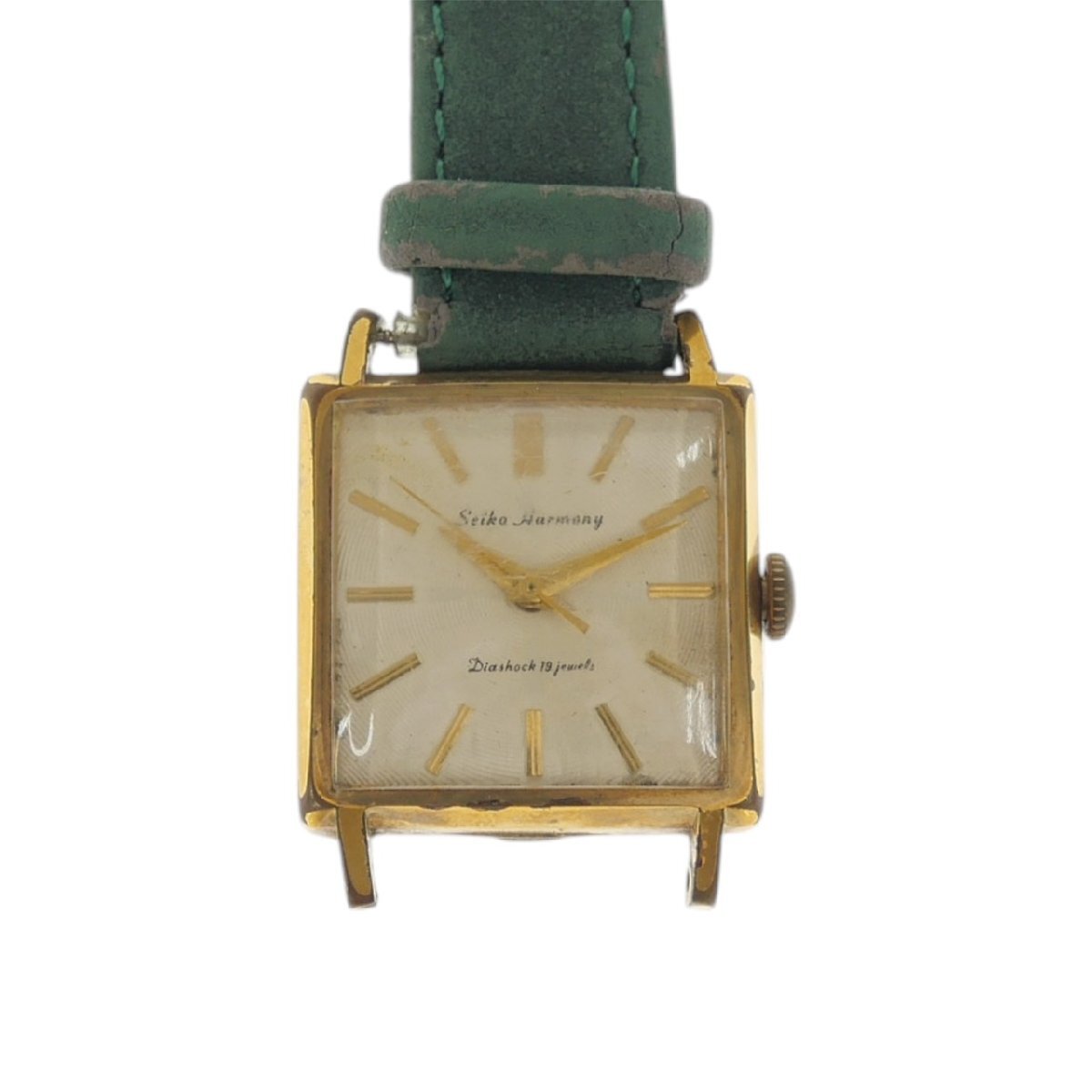 1円スタート 稼働品 SEIKO セイコー HARMONY ハーモニー 手巻き 機械式 スクエアフェイス 3針 ゴールド文字盤 レディース 腕時計