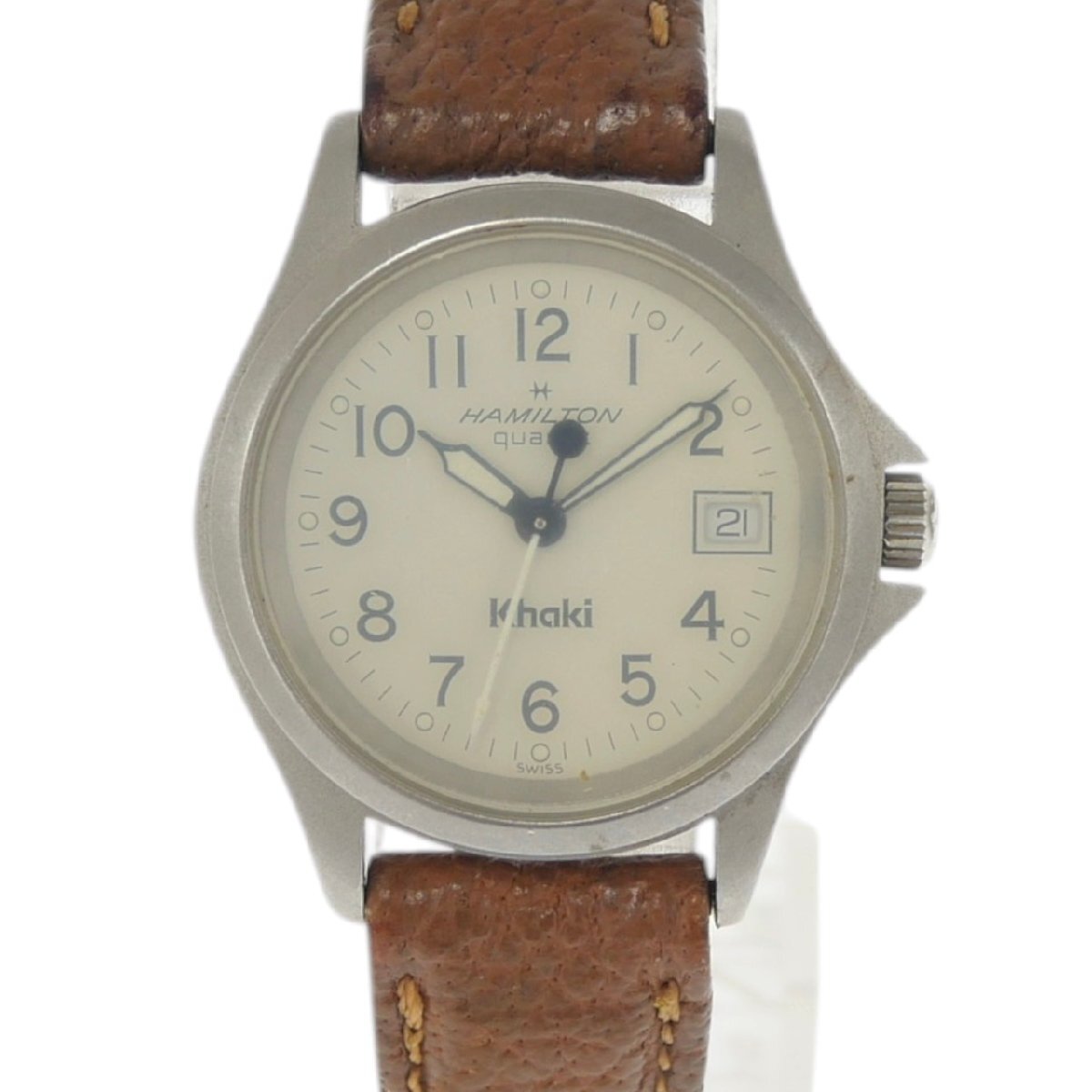 1円スタート HAMILTON ハミルトン Khaki カーキ デイト クォーツ QZ ラウンドフェイス 3針 アイボリー文字盤 レディース 腕時計 動作未確認
