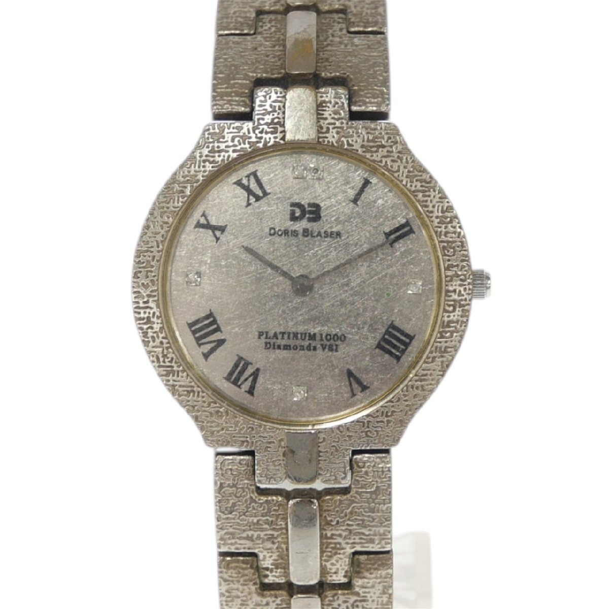 1円スタート 稼働品 DORIS BLASER ドリスブラザー メンズ 腕時計 PLATINUM1000 Diamonds クォーツ QZ 石付 ラウンド 2針 シルバー文字盤