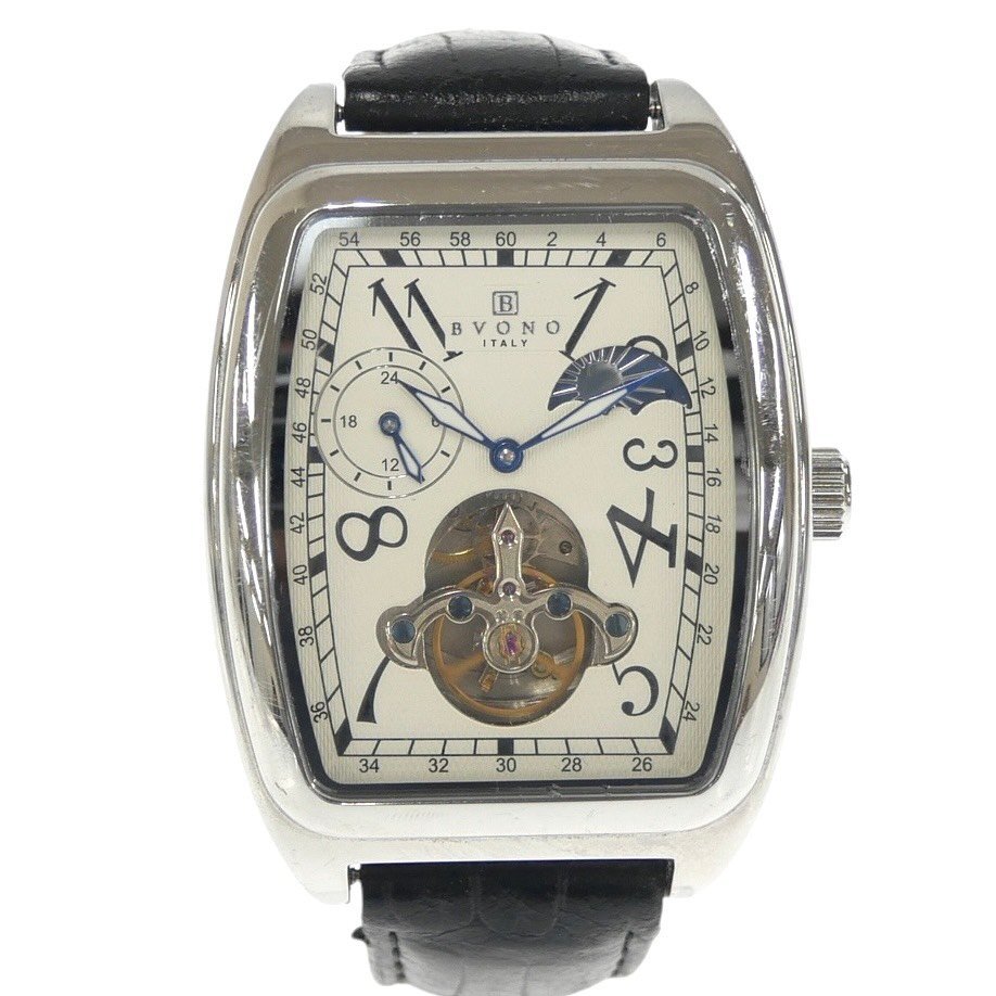 1円スタート 稼働品 BVONO ヴォーノ メンズ 腕時計 B-5508 自動巻き AT 裏スケ 22石 トノー型 ステンレススチール アイボリー文字盤