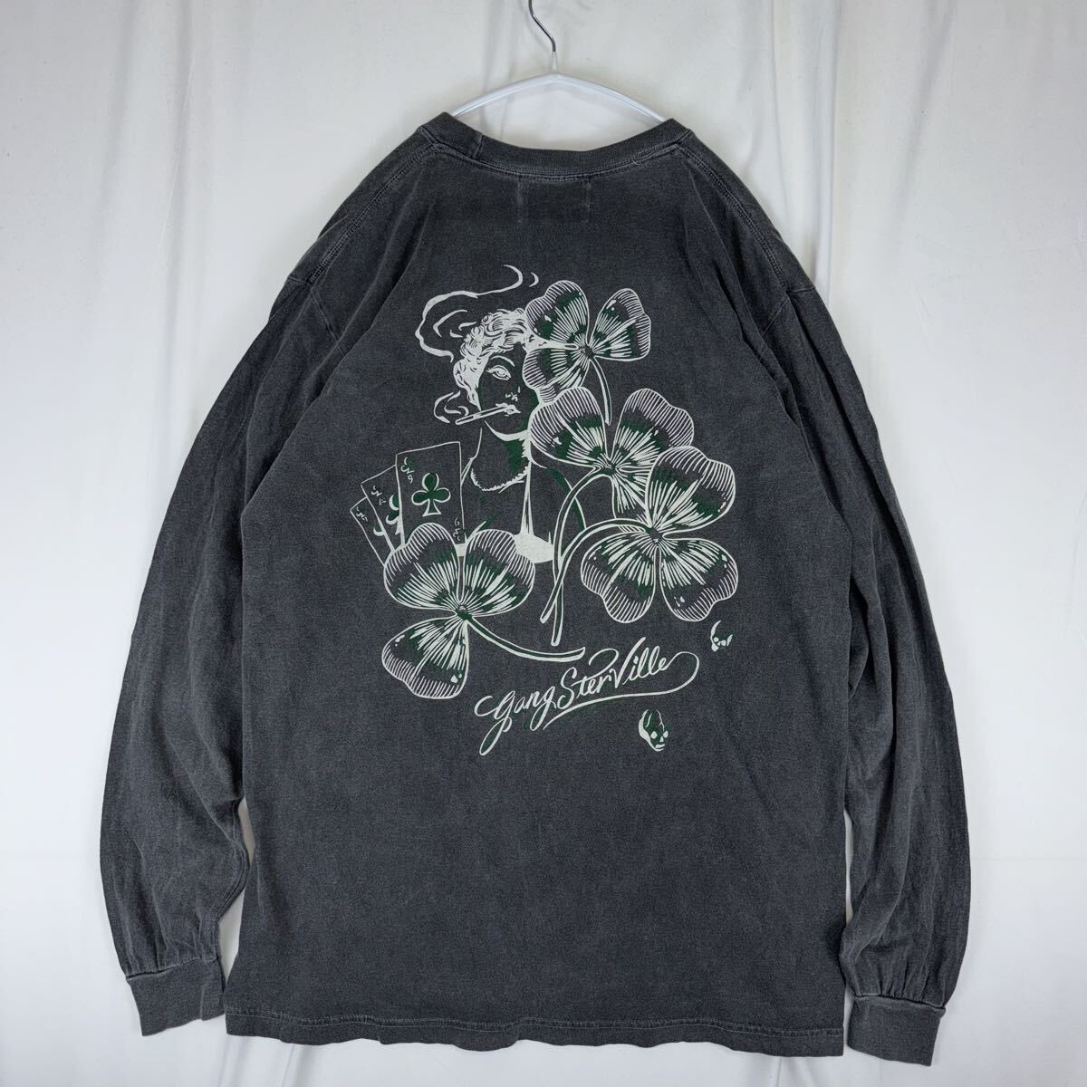 美品 GANGSTERVILLE SHAMROCK LADY L/S T-SHIRTS BLACK ヴィンテージ加工 ロンT 長袖Tシャツ GLAD HAND ギャングスタービル L ブラック 黒