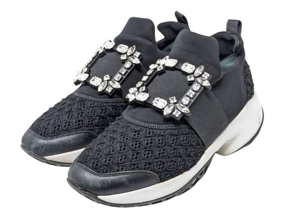 ロジェヴィヴィエ ROGER VIVIER ヴィヴ ラン スニーカー シューズ クリスタル ビジュー バックル 黒 レディース 37 1/2 24.5cm相当 FYGOEIO