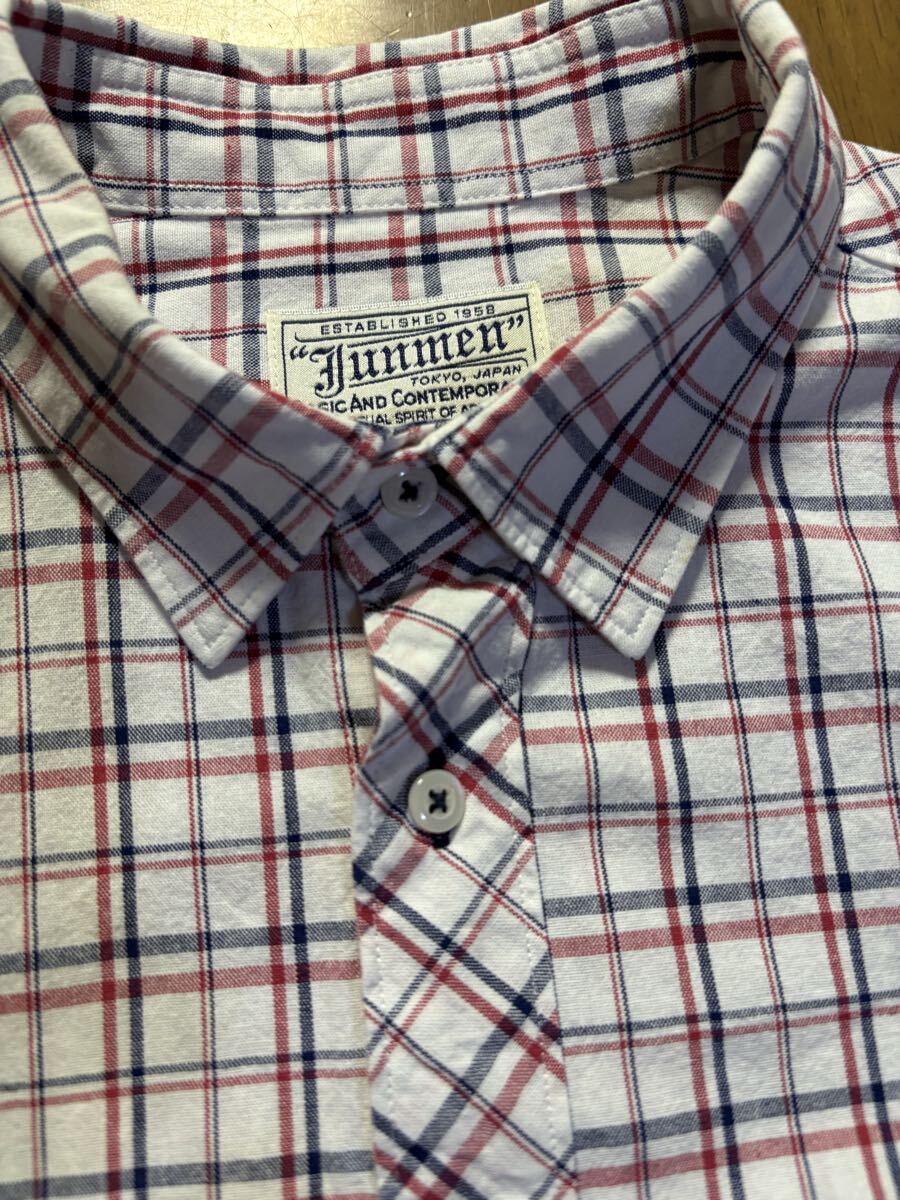 JUNMEN　㈱ジュン日本製　綿100％　白紺赤格子/ハーフプラケットシャツ