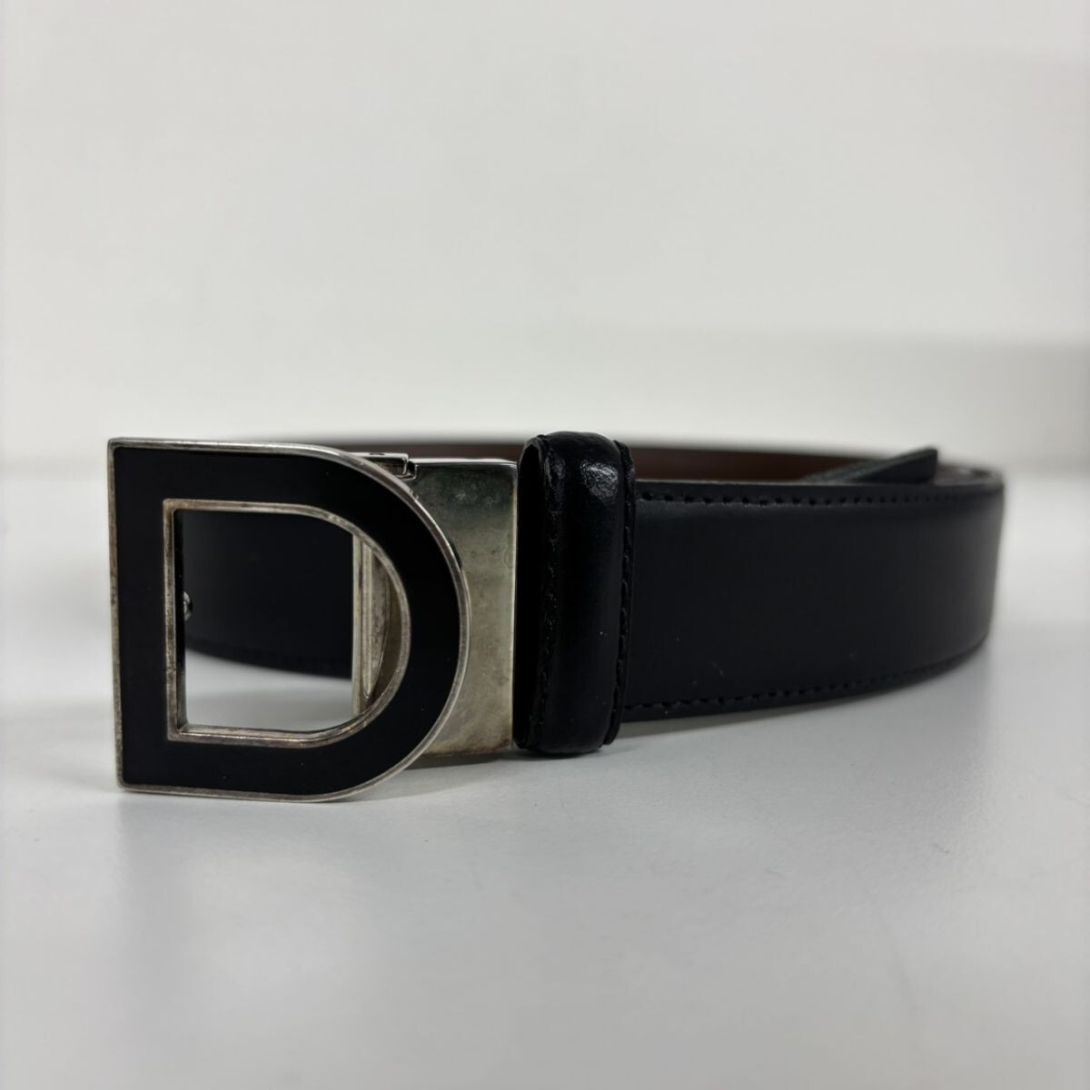 P350-Z23-293 ◎ dunhill ダンヒル レザーベルト ブラック×ブラウン シルバー金具 メンズ ビジネス 全長約110㎝ NB