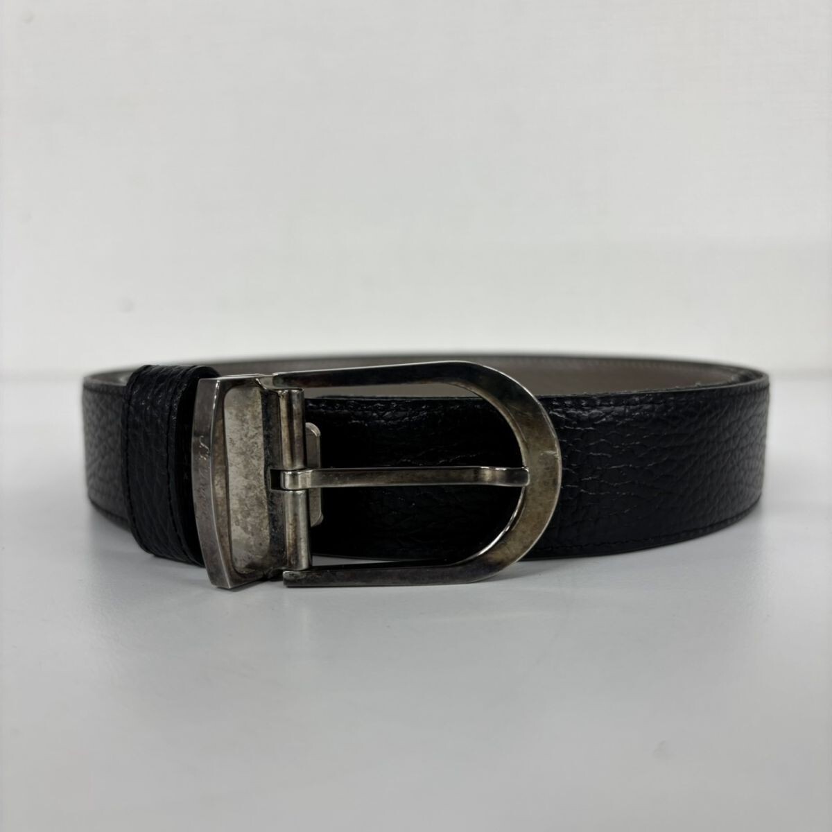 P347-Z23-303 ◎ S.T. Dupont エステーデュポン レザーベルト ブラック 黒 シルバー金具 メンズ ビジネス 全長約110㎝ フランス製 NB
