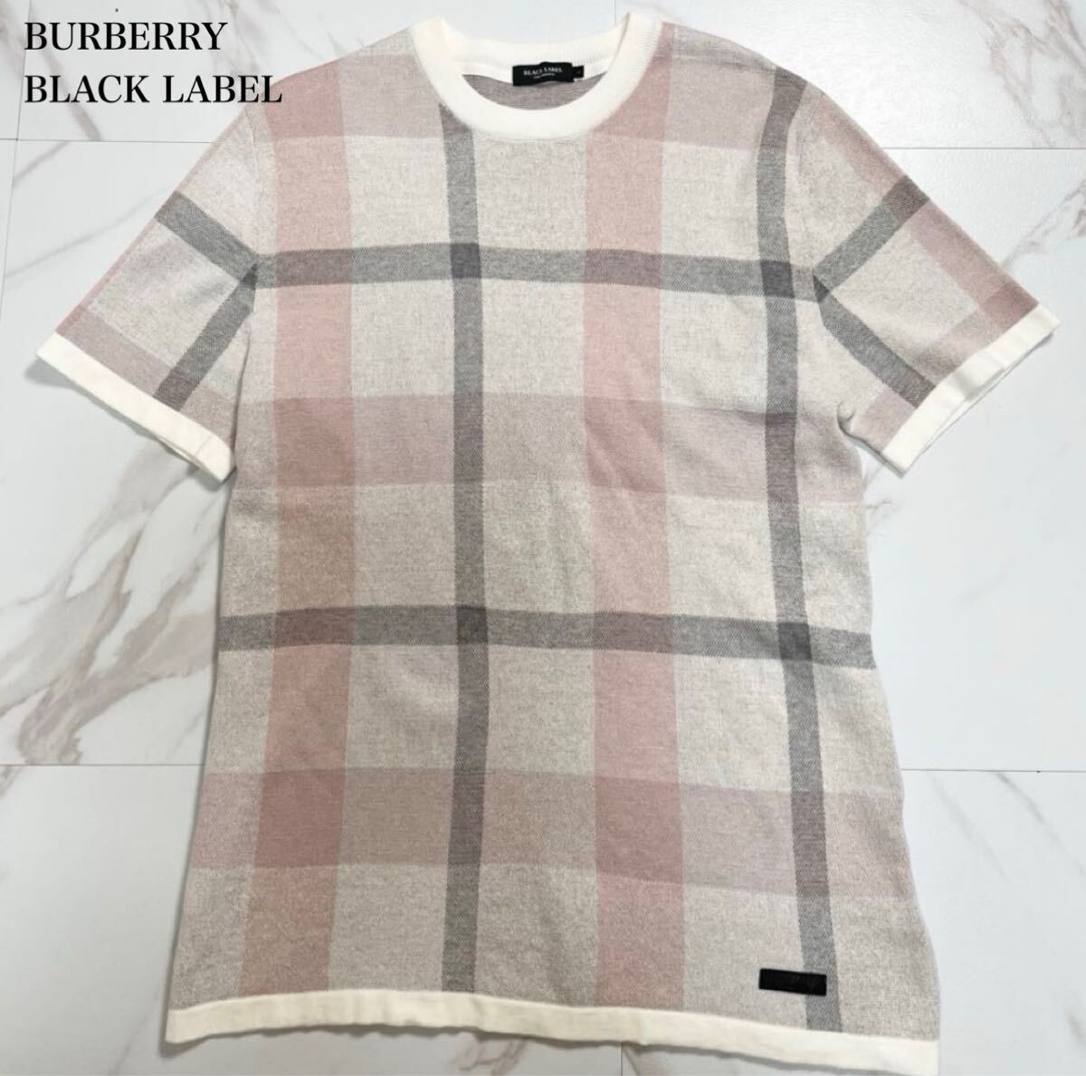 極美品/希少L●BLACK LABEL CRESTBRIDGE ブラックレーベルクレストブリッジ Tシャツ カットソー 半袖 ストレッチ CBチェックレザー革パッチ