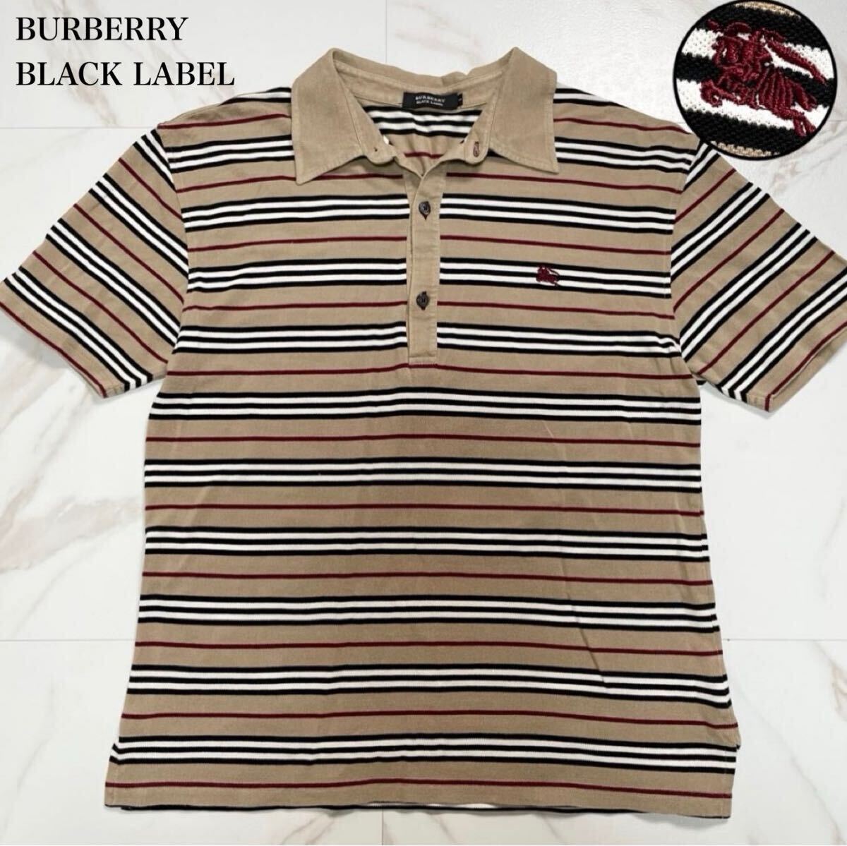 希少/入手困難/XL〜Lサイズ●BURBERRY BLACK LABEL バーバリーブラックレーベル ポロシャツ 半袖 ボーダー ホース刺繍 ロゴ刻印ボタン 