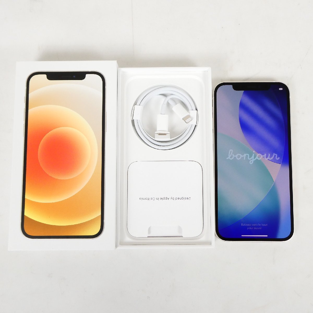 Apple iPhone12 ホワイト 64GB デモ機 アップル バッテリー99％ SIMロックあり ネットワーク判定○ 箱付 中古■AD222s■
