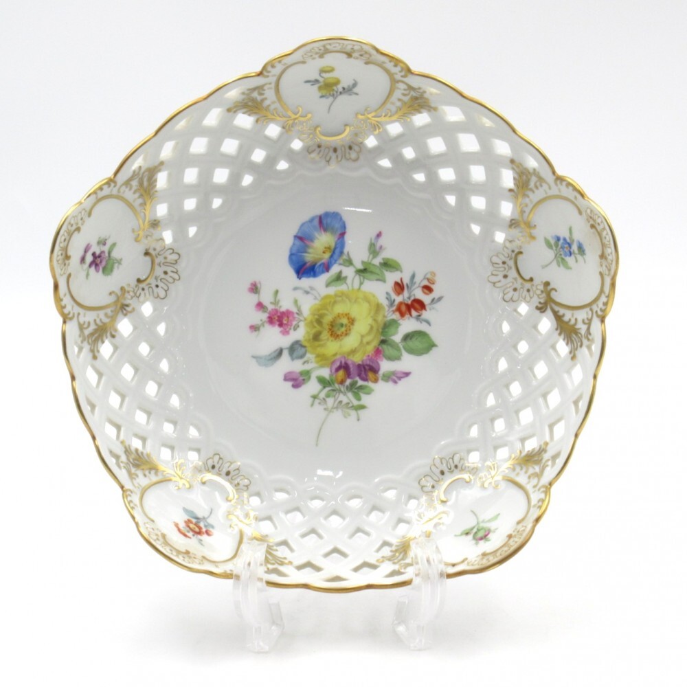 1円〜 Meissen マイセン 100192 フラワー オープンワーク 透かしボウル プレート 金彩