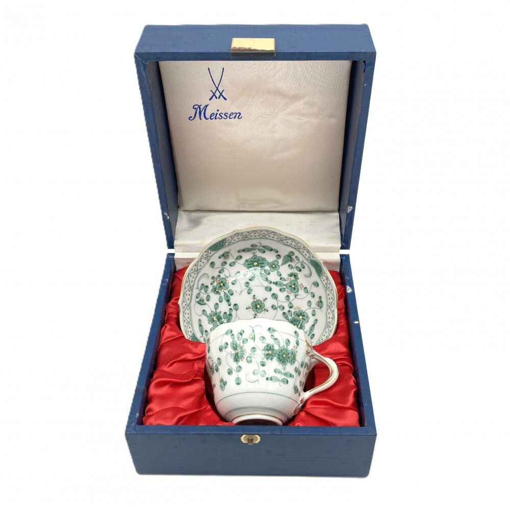 1円〜 Meissen マイセン インドの華 グリーン カップ＆ソーサー 1客 計2点 箱付