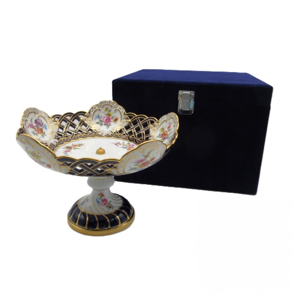 1円〜Meissen マイセン オールドマイセン フラワー 透かしコンポート 箱付 ボタン剣 金彩 コバルト オープンワーク