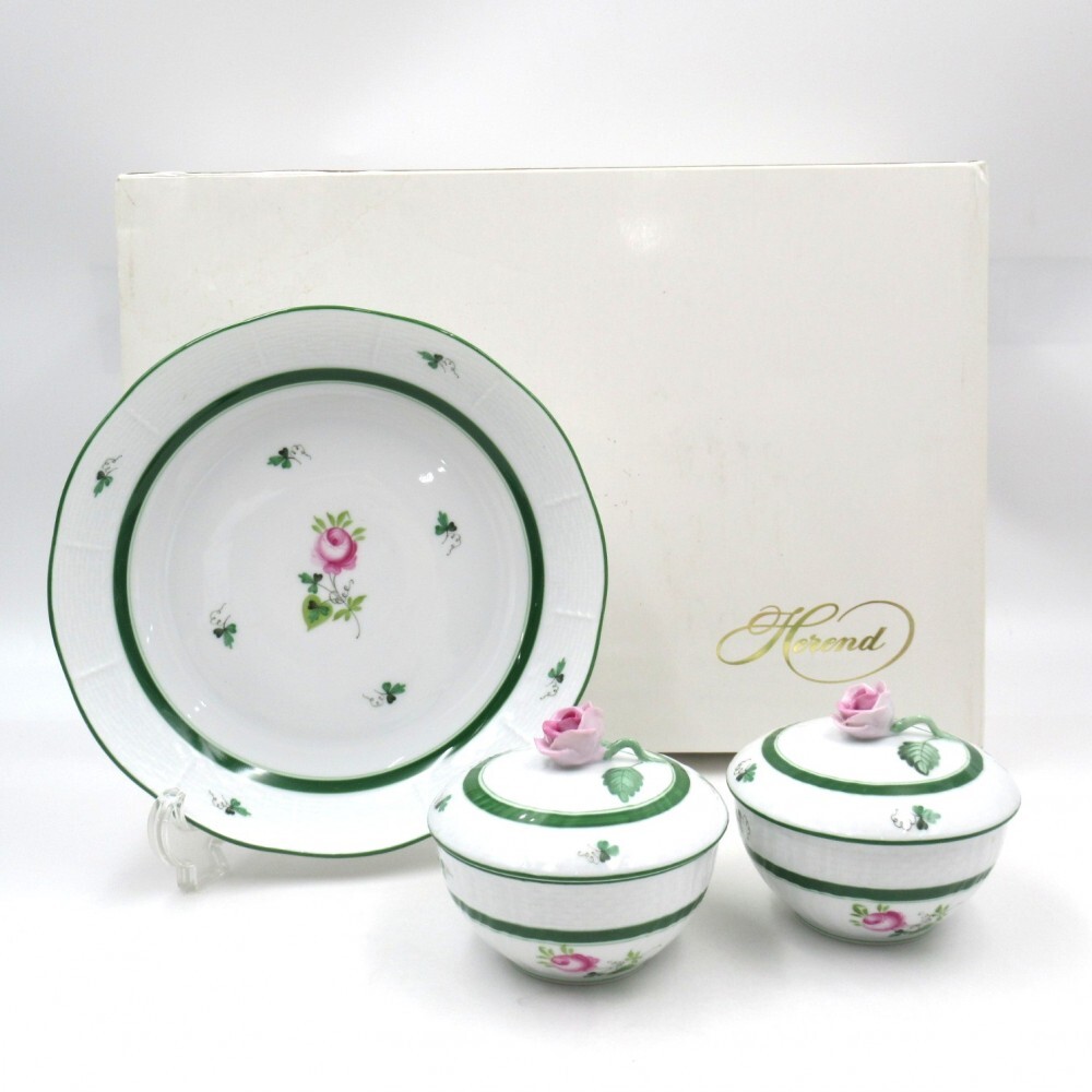 1円〜 HEREND ヘレンド ウィーンのバラ (VRH) 蓋付 湯呑/プレート 計3点 箱付