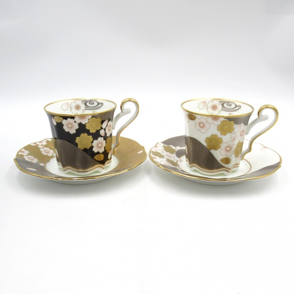 1円〜 NORITAKE ノリタケ あやみなも 桜金銀彩/夜桜金銀彩 コーヒーカップ＆ソーサー 2客 計4点