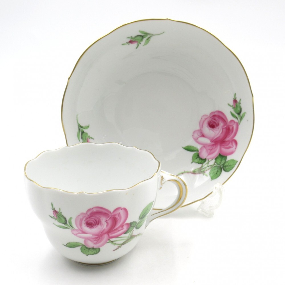1円〜 Meissen マイセン ピンクローズ カップ＆ソーサー 1客 計2点