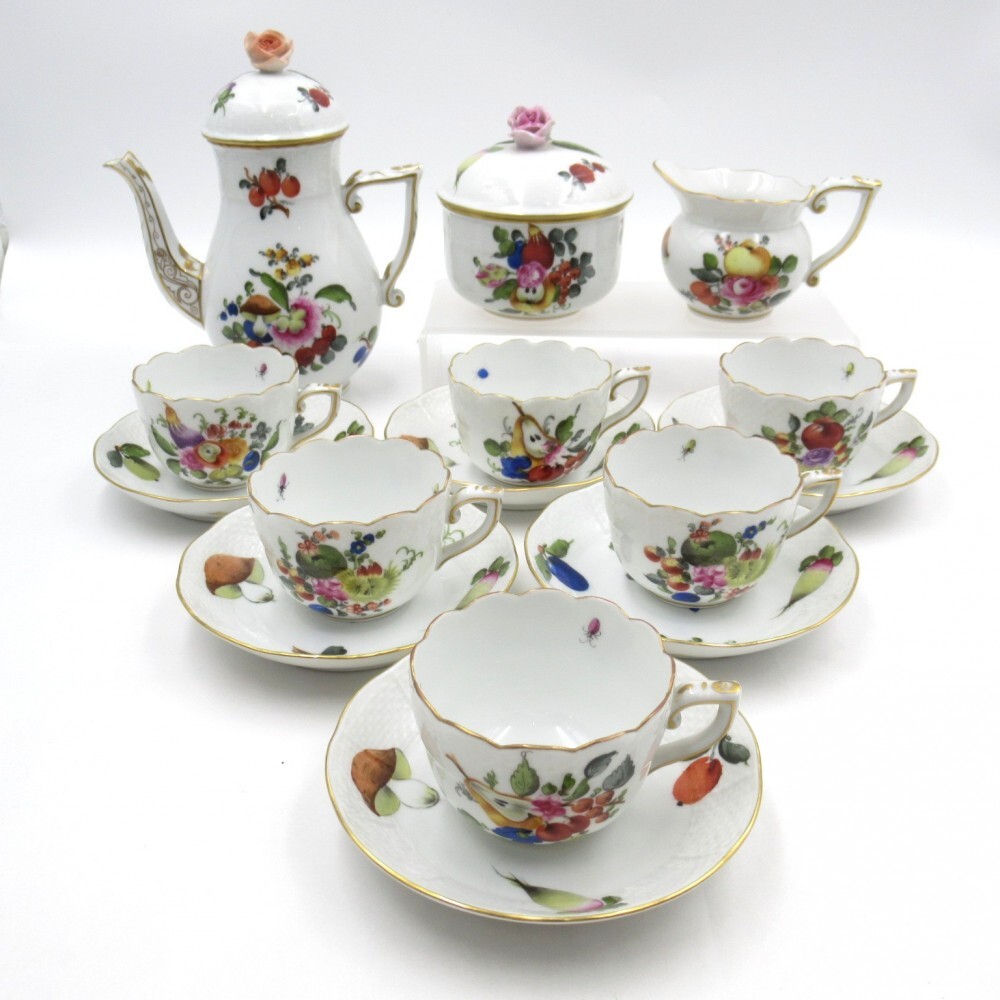 1円〜 HEREND フルーツ＆フラワーブーケ(BFR) デミタスカップ/ソーサー/シュガー/ポット/クリーマー 計15点 ※同梱不可