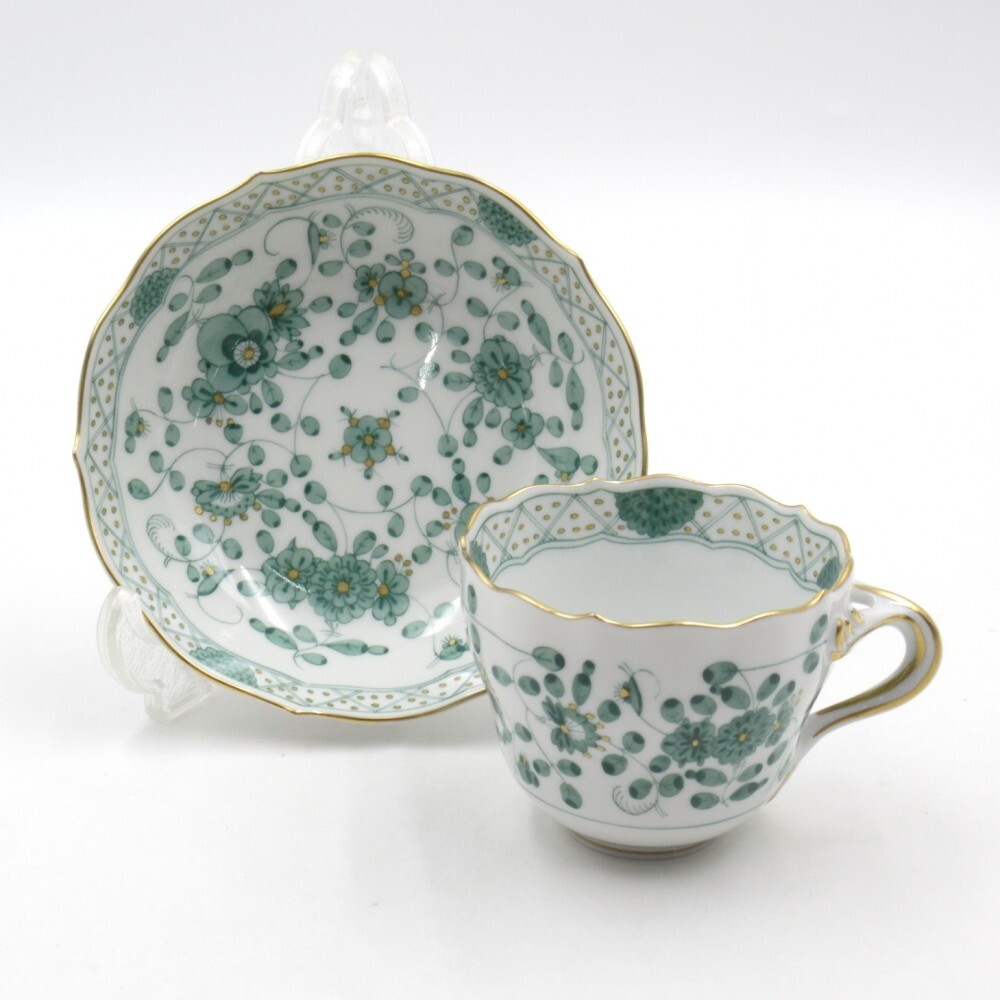 1円〜 Meissen マイセン インドの華 リッチグリーン デミタスカップ＆ソーサー 1客 計2点